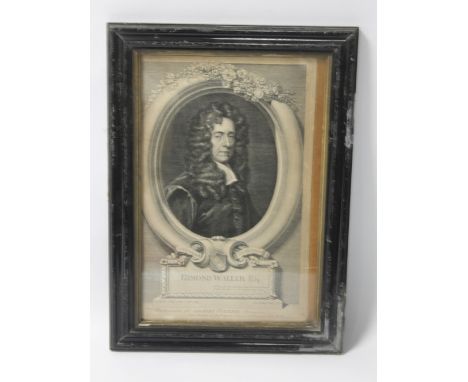 A FRAMED AND GLAZED 18TH CENTURY PORTRAIT ENGRAVING OF EDMOND WALLER, approx frame size 33cm x 46cm 