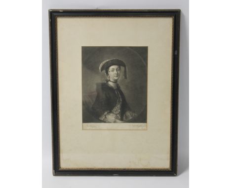 A FRAMED AND GLAZED PORTRAIT MEZZOTINT ENGRAVING DEPICTING A LADY WEARING A HAT, frame size approx 44cm x 57cm 