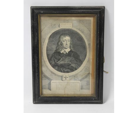 A FRAMED AND GLAZED PORTRAIT ENGRAVING OF 'IOANNES MILTON', frame size approx 33cm x 45cm 