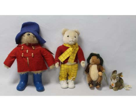 A MERRYTHOUGHT OLIVER HOLMES 'RUPERT THE BEAR', a Gabrielle 'Paddington Bear', a Steiff mohair 'Benjamin Bunny' and a Steiff 