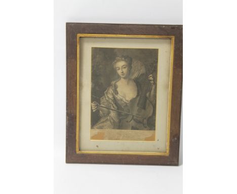 A FRAMED AND GLAZED 18TH CENTURY ENGRAVING DEPICTING A LADY PLAYING THE CELLO, frame size approx 38cm x 47cm 