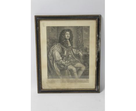 A FRAMED AND GLAZED PORTRAIT ENGRAVING OF KING CHARLES THE 2ND, frame size approx 37cm x 46cm