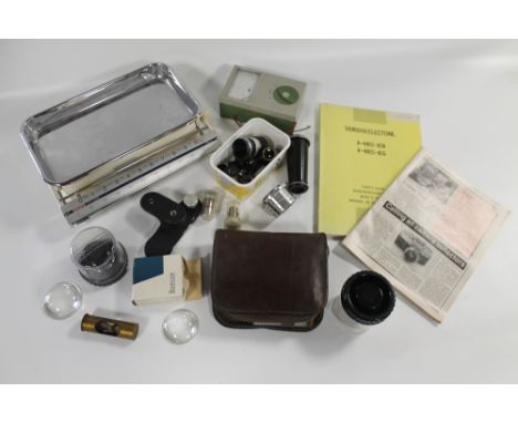 A BOX OF COLLECTABLES to include 'Krups' scale, camera lens etc.