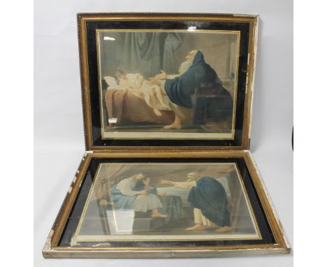 A  PAIR OF FRAMED AND GLAZED COLOURED ENGRAVINGS DEPICTING BIBLICAL SCENES BY V GREEN  AFTER THE PAINTINGS BY B . WEST, one t