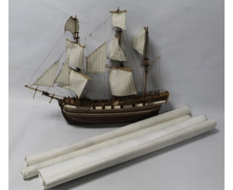 A HAND BUILT MODEL OF THE CUTTY SARK, with construction plans, 70cm length.