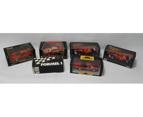 SIX BOXED 1:18 SCALE FERRARI F1 CARS, to include Hotwheels 2000 racing (Schumacher and Barrichello), Burago 348 TB 1989, and 
