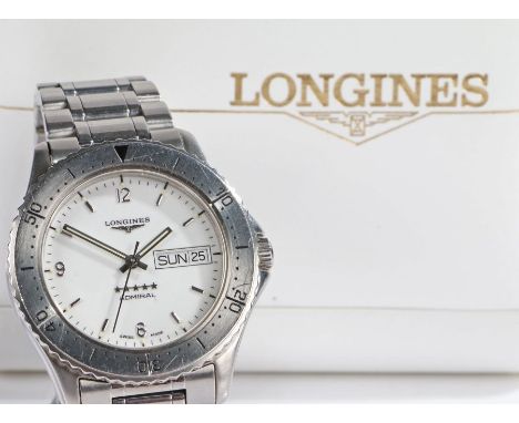 Longines Admiral gentleman's stainless steel wristwatch, model no. L3 600 4, the signed white dial with baton markers and Ara