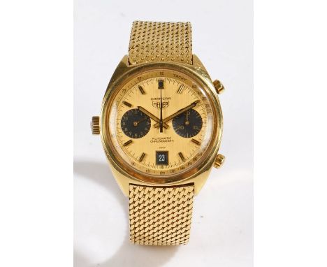 Heuer Carrera 18 carat gold automatic chronograph wristwatch, the signed brushed gold dial with baton markers, outer minutes 