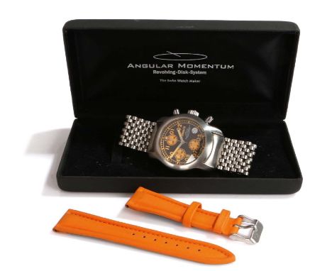 Angular Momentum Illum VI gentleman's stainless steel chronograph wristwatch, the signed black dial with orange Arabic numera