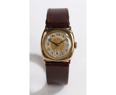9 carat gold gentleman's wristwatch, the engine turned gilt centre surrounded by an Arabic numeral decorated chapter ring and
