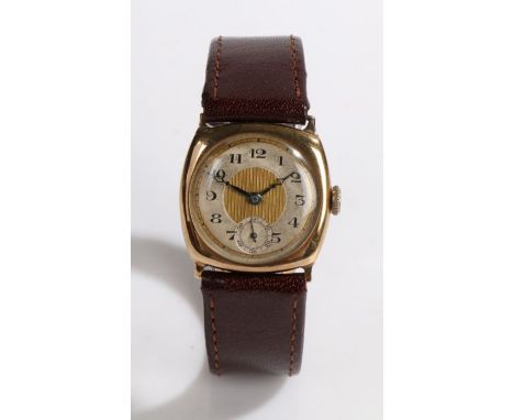 9 carat gold gentleman's wristwatch, the engine turned gilt centre surrounded by an Arabic numeral decorated chapter ring and