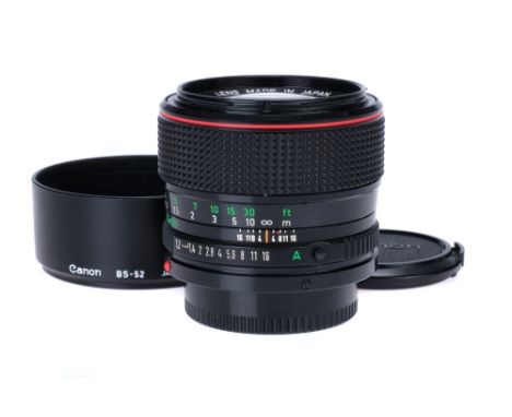 A Canon FD L f/1.2 50mm Lens, black, serial no. 11194, body, VG-E, elements, VG-E, some very light internal haze, complete wi