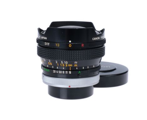 A Canon FD S.S.C. Fish-Eye f/2.8 15mm Lens, black, serial no. 15529, body, VG-E, elements, G-VG, some ligh haze/fungus to rea