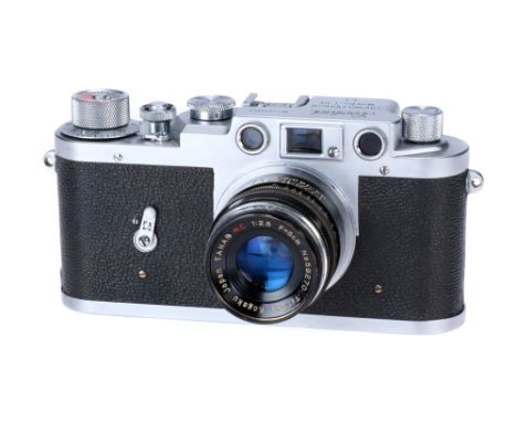 A Showa Kogaku Leotax K Rangefinder Camera, 1955, chrome, serial no. 55163, with Tanaka Kogaku Tanar H.C f/2.8 50mm lens, bla