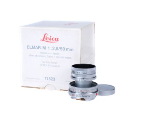 A Leica Elmar-M f/2.8 50mm Lens, 1995, chrome, serial no. 3724309, body, G-VG, elements, VG-E, complete with paperwork and ma