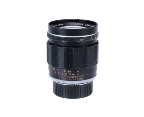 A Canon f/1.8 85mm Lens, L39 screw mount, black, serial no. 10210, body, F, elements, G-VG, some light cleaning marks to the 