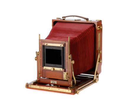 A Gandolfi 8x10" Mahogany &amp; Brass Field Camera, 1920-1930, red bellows, body, VG-E, complete with 5x4" reducing back and 