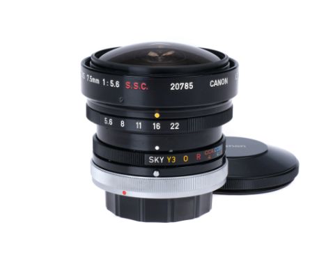 A Canon FD S.S.C Fish-Eye f/5.6 7.5mm Lens, black, serial no. 20785, body, VG-E, elements, G-VG, some light internal haze and