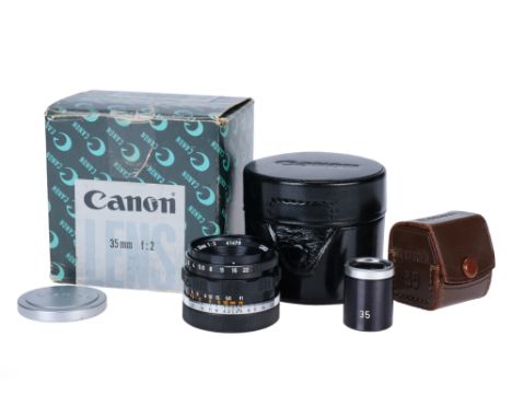 A Canon f/2 35mm Lens, 39mm rangefinder coupled mount, black/chrome, serial no. 41478, body, VG, elements, VG, some light int