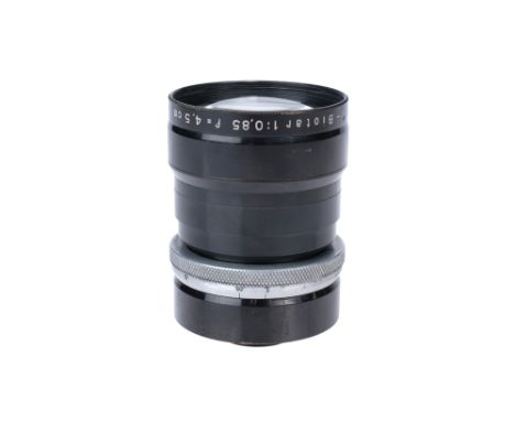 A Carl Zeiss Jena R-Biotar 45mm f/0.85 Lens, black, serial no. 1514294, in focusing helicoid marked from infinity to 1½ feet,