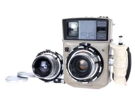 A Linhof Press 70 Medium Format Rangefinder Camera, 1963-79, brown, serial no. 1831136, with Carl Zeiss Planar f/2.8 80mm len