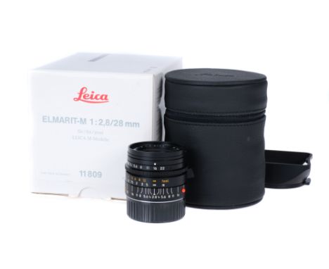 A Leitz Elmarit-M f/2.8 28mm Lens, 1998, black, serial no. 3848368, body, E, elements, VG-E, complete with Leica 12451 lens h