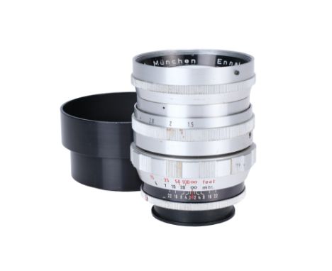 An Enna Munchen Ennalyt f/1.5 85mm Lens, Exakta mount, chrome, serial no. 3025918, body, G, elements, VG, some very light cle