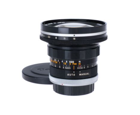 A Canon FL R f/3.5 19mm Lens, black, serial no. 16786, body, VG-E, elements, G-VG, some light haze to front and rear elements