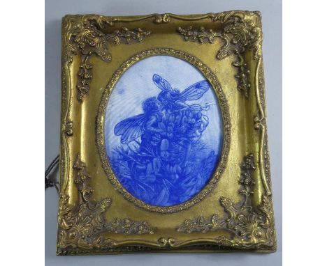 A Reproduction Gilt Framed Ceramic Plaque Decorated with Fairies Kissing, 36x31cm 