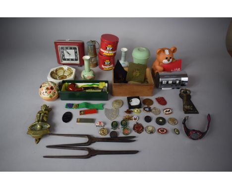 A Collection of Curios to Include Miniature Miners Safety Lamp, Vintage Pipe, Door Knocker, Desk Calendar, Enamelled Badges, 