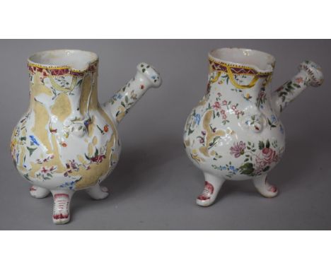 A Pair of Late 18th/Early 19th Century Faience Chocolate Pots or Side Pouring Jugs Raised on Tripod Feet and Side Handles Hav
