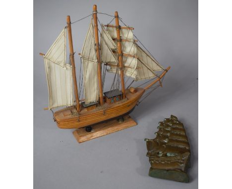 A Small Model of Three Masted Sailing Ship Together with a Brass Sailing Ship Door Knocker, 18cm high 