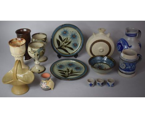 A Collection of English and Continental Stoneware Pottery to Feature Studio Pottery Pilgrim Flask, Goblets, Salt Glazed Jug a