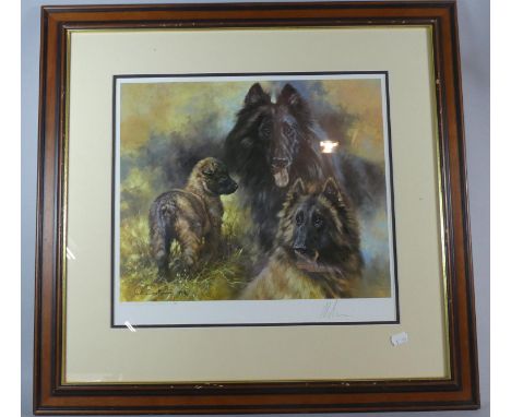 A Framed Limited Edition Courstone Print of German Shepherds, Signed by the Artist, 41cm Wide 