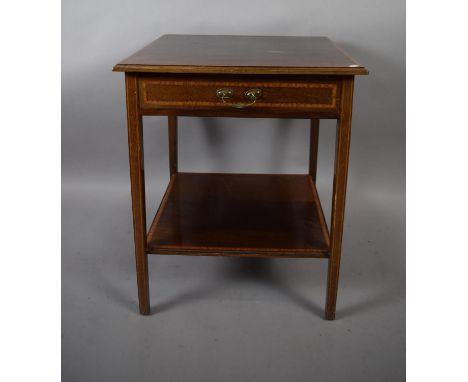 An Edwardian String Inlaid Square Topped Side Table with Stretcher Shelf and Drawer, Mark to Top, 56cm Wide 