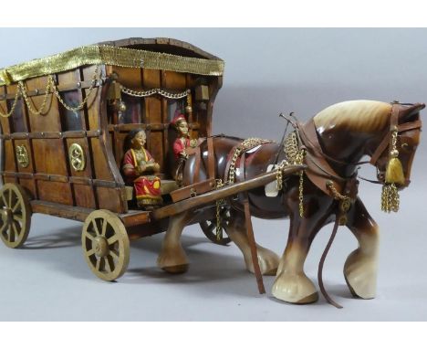 A Large Scratch Built Model of a Gypsy Caravan with Ceramic Heavy Horse and Two Indian Figures, Caravan, 44cm Long 