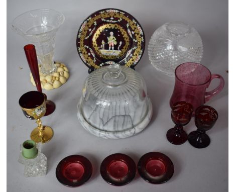 A Collection of Glassware to Feature Ruby Glass Hand Painted Italian Venetian Plate, Marble Cheese Dish with Glass Dome, Vase