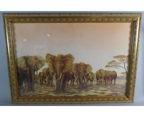 A Large Framed Albon Print of Elephants, "The Gathering", 74cm Wide 