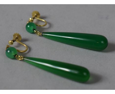 A Pair of Art Deco Jade and Unmarked Yellow Metal Screw Back Earrings with 5cm Drop 