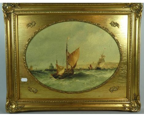 A Gilt Framed Textured Print Depicting Fishing Barges in Stormy Seas, Frame 53cm Wide