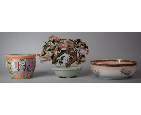 A Collection of Oriental Items to Include Planter Hanging Applied Decoration on Pink Ground, Chinese Glass Bonsai Tree in Cel