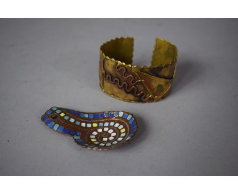 A Pretty Copper and Enamel Tea Caddy Spoon Stamped to Base and a Metal Bangle 