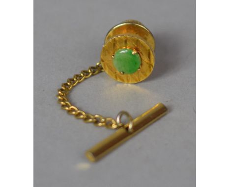 A Vintage Jade Mounted Tie Pin Stamped 14K, 1.5g (not including Fastener) 