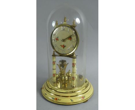 A 1950's Cream and Floral Decorated Pillar Clock, Suspension Requires Attention, Under Glass Dome, 31 High 