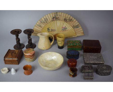 A Collection of Sundries to Feature Carved Wooden African Candle Sticks, Continental Inlaid Cigarette Box with Windmill Desig