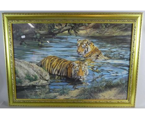 A Large Gilt Framed De Beer Print Depicting Tigers, Cool for Cats, 75cm Wide 