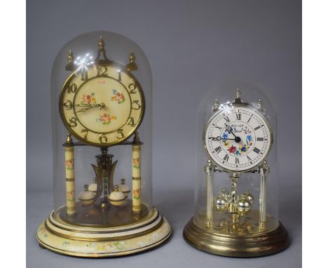 A Mid 20th Century Bass and Cream Decorated Pillar Clock Under Glass Dome and a Modern Example 