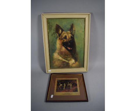 A Framed Oil on Canvas, German Shepherd, 45cm High and a Print of Fox Terriers 
