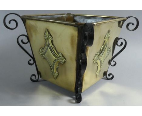A Wrought Iron and Brass Square Planter of Tapering Form, 20cm high 