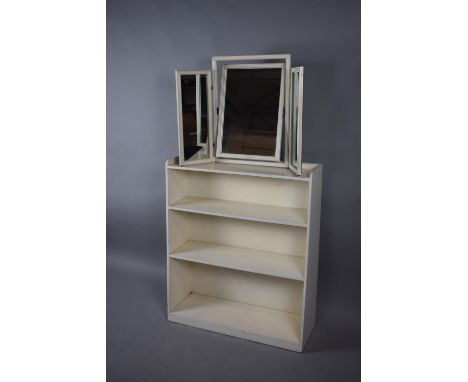 A Modern White and Gilt Dressing Triple Dressing Table Mirror, a White Painted Three Shelf Bookcase and a Pine Stool 